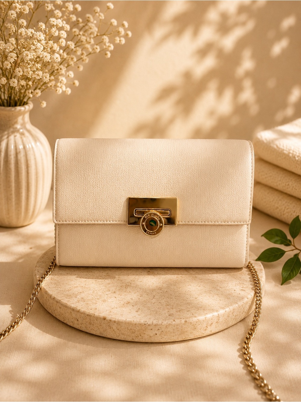 Ted Baker Elegant Cream Chain Shoulder Bag with Gold Hardware